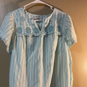 Kim Rogers ladies XL blouse with baby blue and white strips with detail neck
